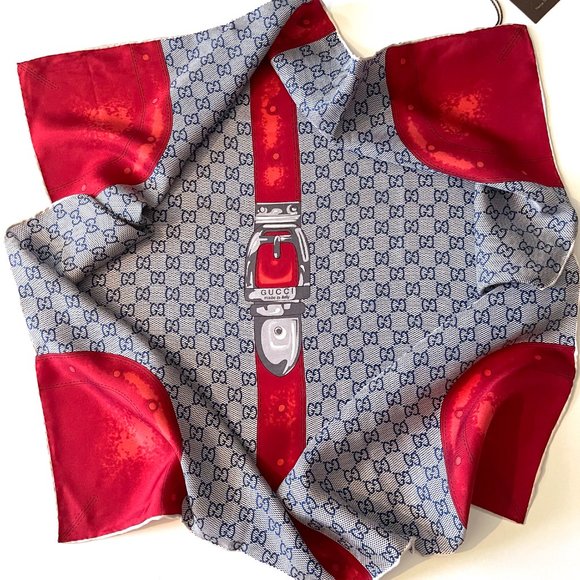 Gucci Scarf Logo Blue Red Travel Luggage Silk Wrap